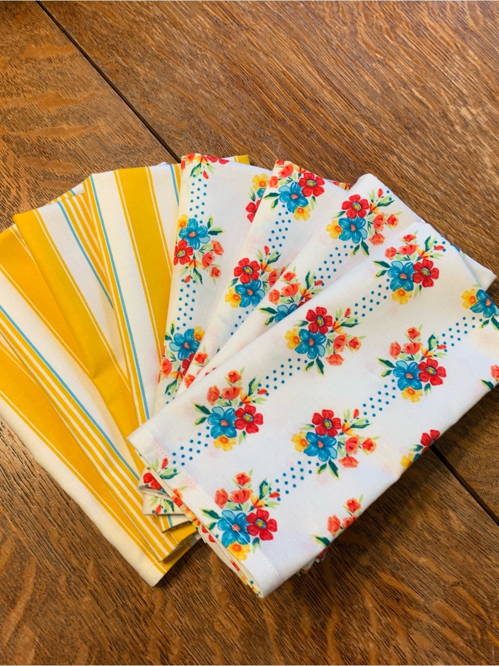 8 Floral & Stripe Cottage Chic Handmade Cloth Napkin Set in Yellow and Blue